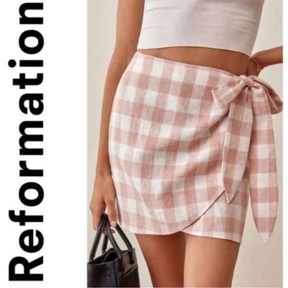 Reformation Dresses & Skirts - NWOT Reformation Sax Side Tie Wrap Checkered Allover Pattern Linen Miniskirt SM